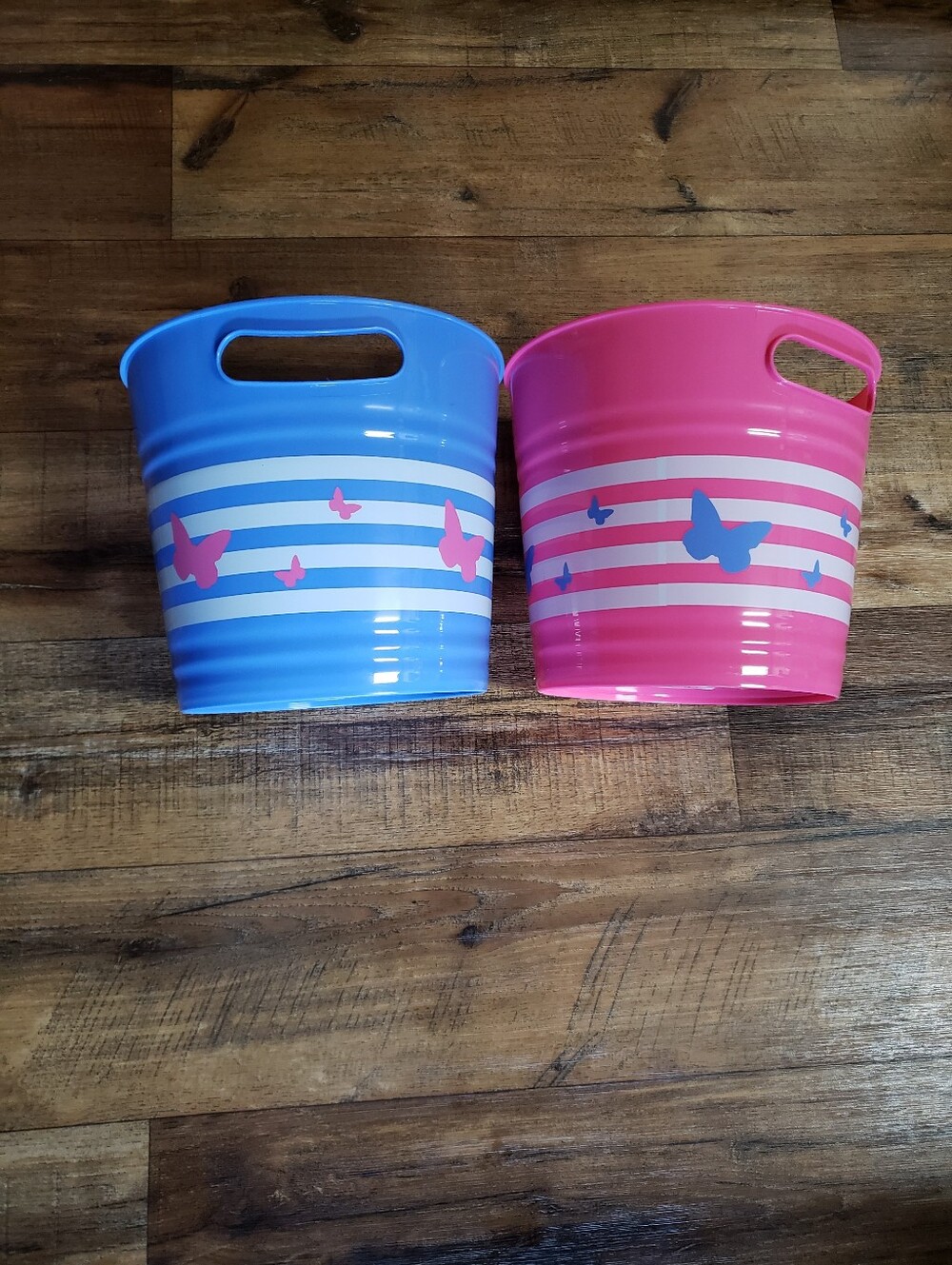 Set Of 2 Dolly Parton Pink & Blue Butterfly Plastic Storage Buckets w/Handles